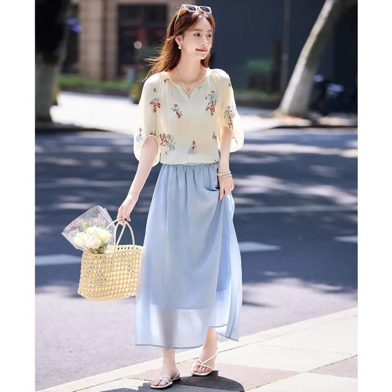 Still quiet Two Piece Skirt Sets Women's Apricot+Blue/Multicolor-0