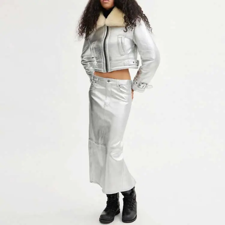 COACH Leather Long Skirt Women's Silver-1