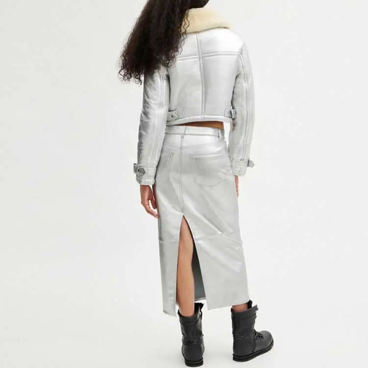 COACH Leather Long Skirt Women's Silver-2