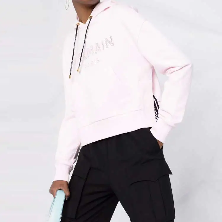 BALMAIN Rhinestone Logo Hoodie 'Pink'-4