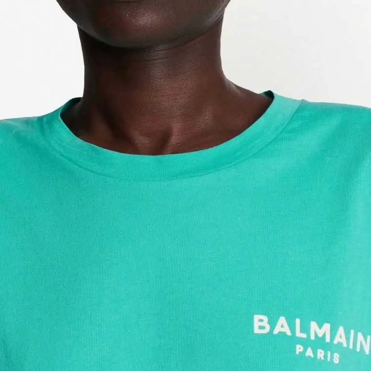 BALMAIN Logo Printed Cropped T Shirt 'Water Green/White'-4