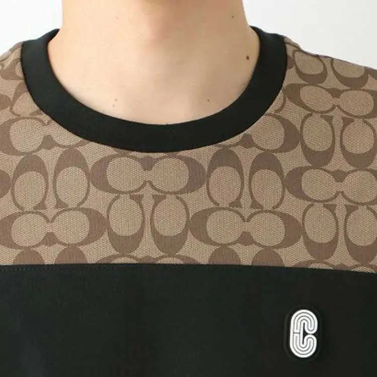 COACH SS22 Men Logo Full Print Patchwork Short Sleeve T shirt Khaki-5