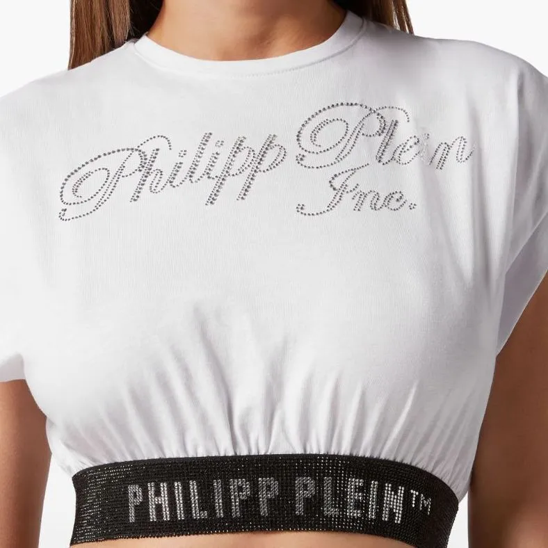 PHILIPP PLEIN Rhinestone logo Cropped T shirt-3