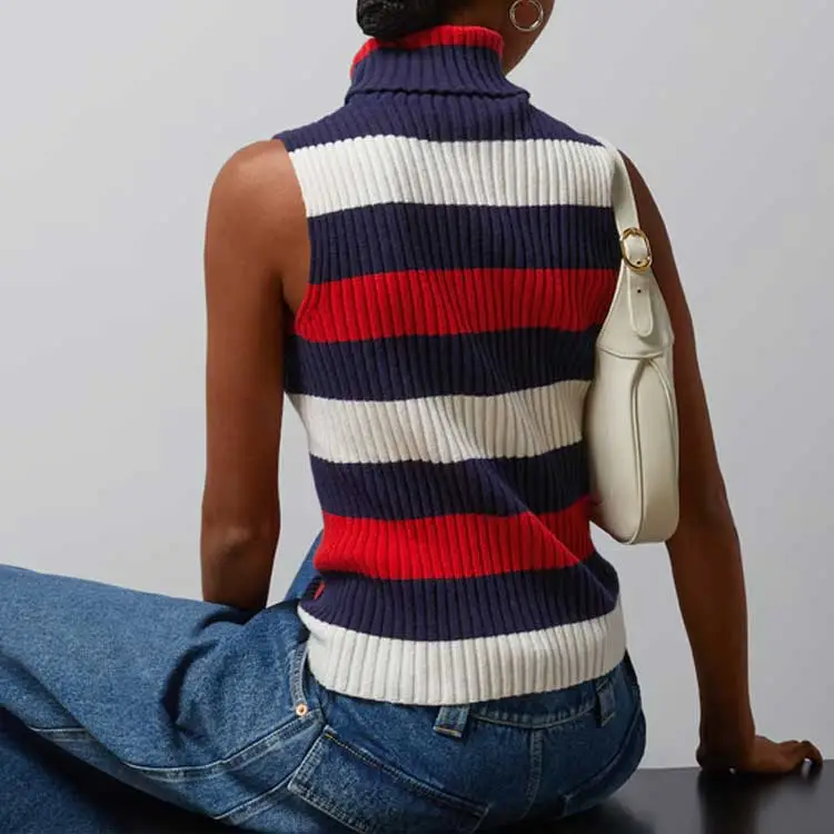 GUCCI Striped Rib Stitch Wool Turtleneck Top 'Ivory/Blue/Red/Multicolor'-2