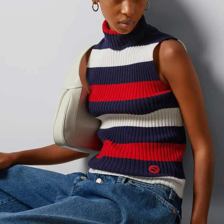 GUCCI Striped Rib Stitch Wool Turtleneck Top 'Ivory/Blue/Red/Multicolor'-1