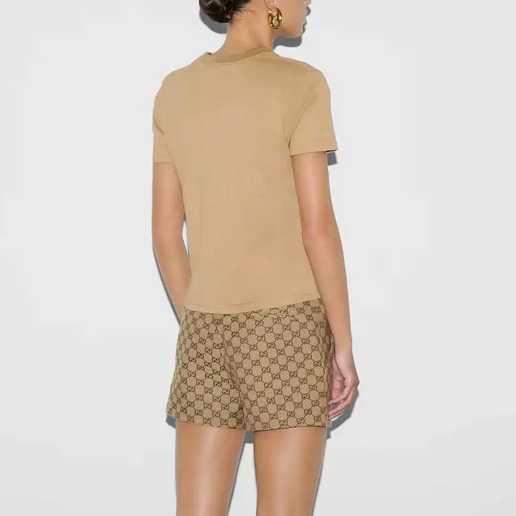GUCCI Pre Fall Collection Logo Letter Webbing Print Crew Neck Short Sleeved T Shirt T Shirt Women's Beige-3