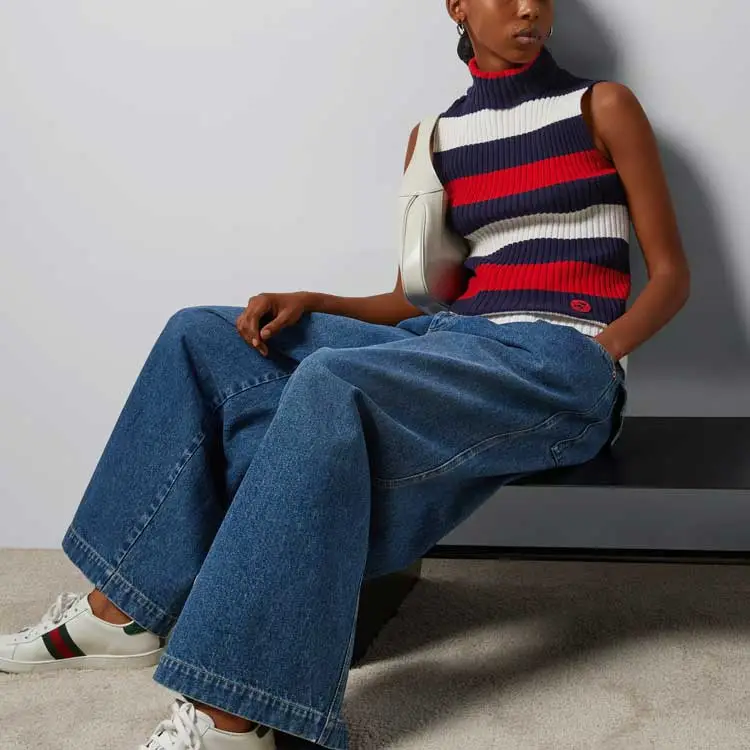 GUCCI Striped Rib Stitch Wool Turtleneck Top 'Ivory/Blue/Red/Multicolor'-3