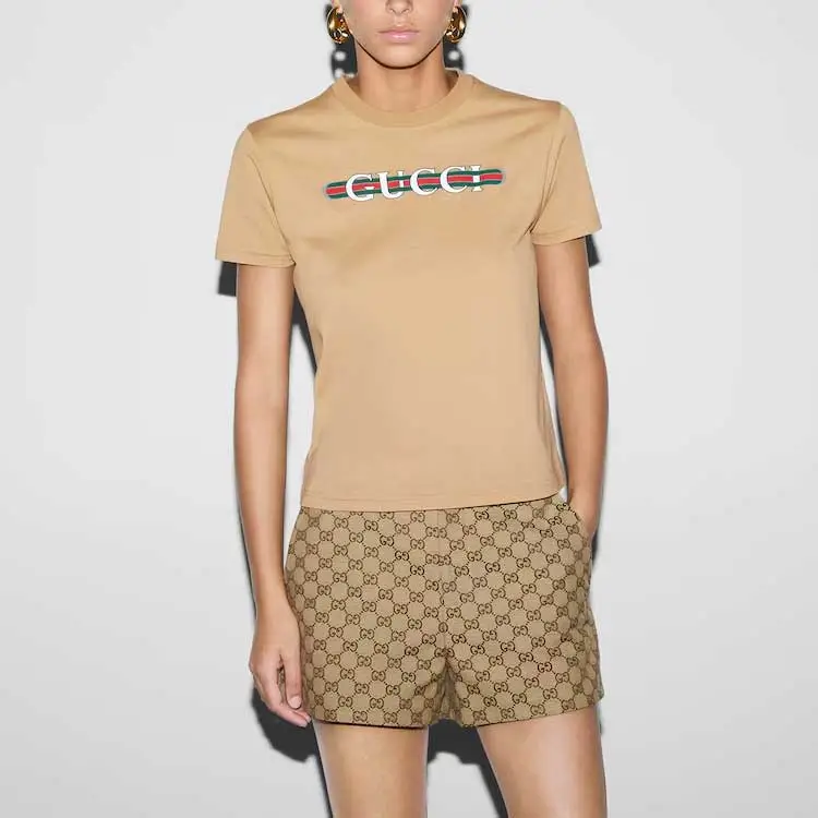 GUCCI Pre Fall Collection Logo Letter Webbing Print Crew Neck Short Sleeved T Shirt T Shirt Women's Beige-2