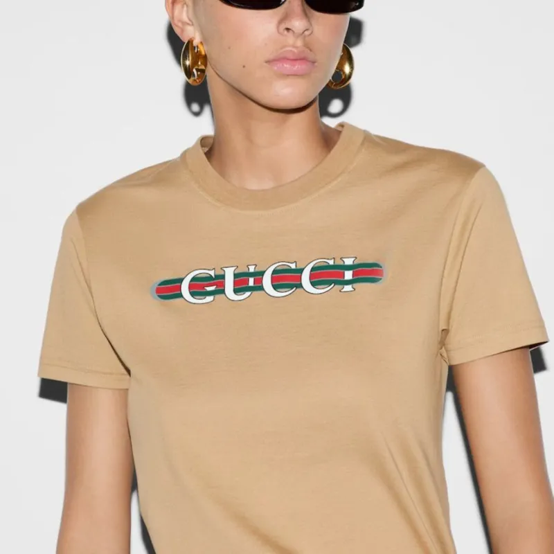 GUCCI Pre Fall Collection Logo Letter Webbing Print Crew Neck Short Sleeved T Shirt T Shirt Women's Beige-5