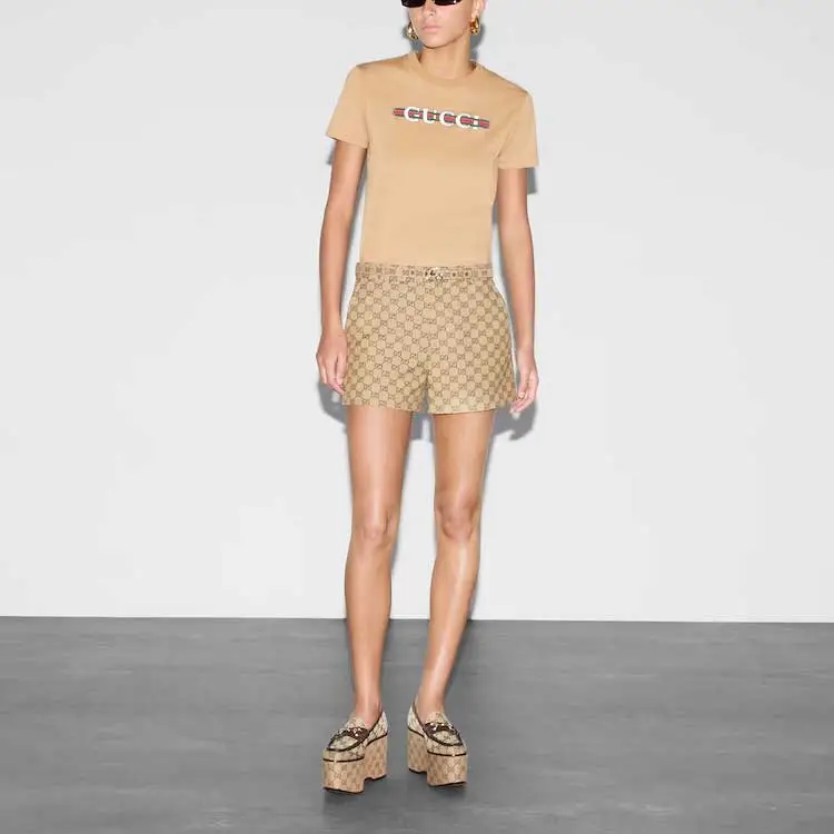 GUCCI Pre Fall Collection Logo Letter Webbing Print Crew Neck Short Sleeved T Shirt T Shirt Women's Beige-1