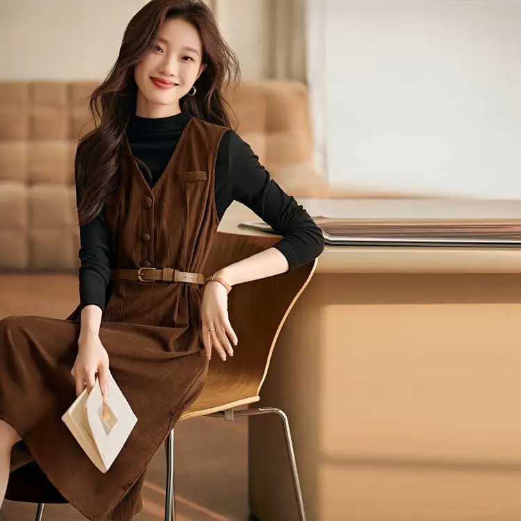 Mo Han Yi Mei Skirt Set Women's Black Inner Coffee Outer-3