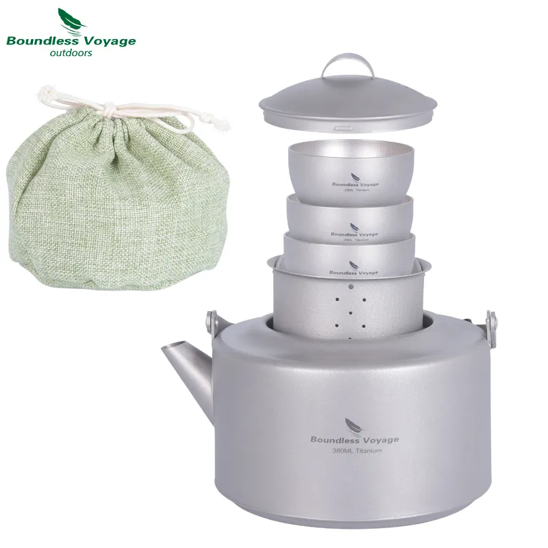 Boundless Voyage Outdoor Water Equipment 380ml Pouring Lip Teapot With 25ml Small Tea Cup Titanium-1