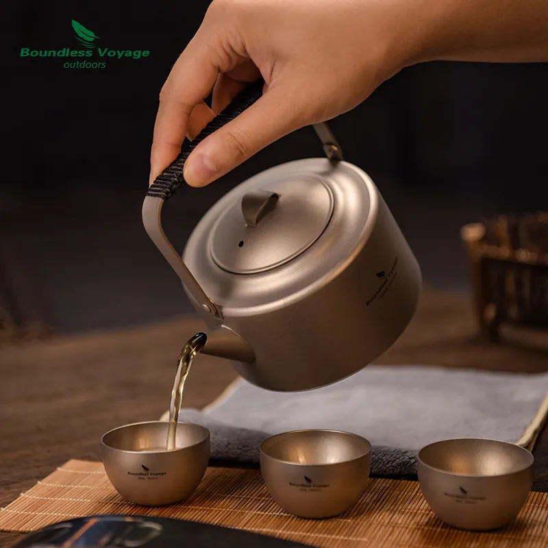 Boundless Voyage Outdoor Water Equipment 380ml Pouring Lip Teapot With 25ml Small Tea Cup Titanium-2
