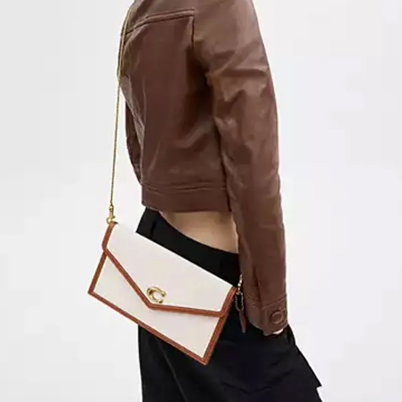 COACH Canvas With Tanned Leather One Shoulder Crossbody Clutch Large Size Women's Polished Amber-4