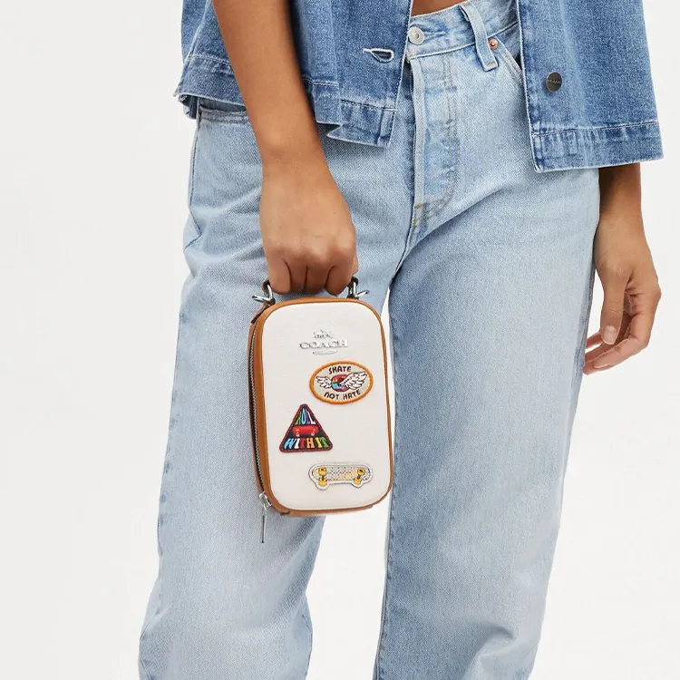 COACH Eva Leather Cell Phone Pouch, Shoulder Bag, Crossbody Bag Mini Women's White & Multicolor-4