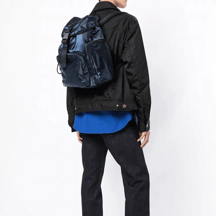 VERSACE Calfskin Trim Backpack Men's Blue-4