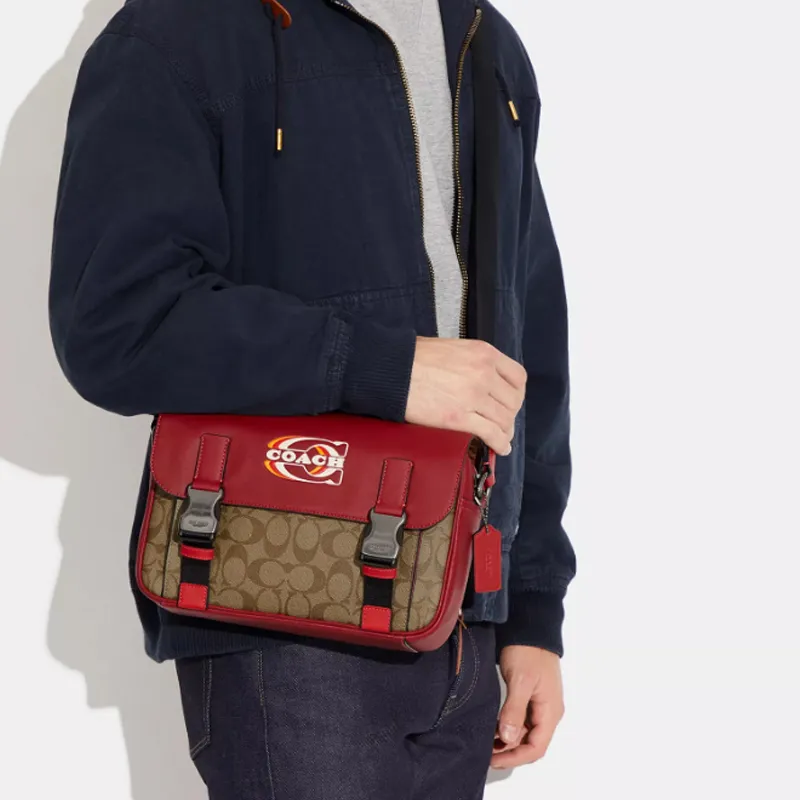 COACH Track Cow Leather Shoulder Bag Crossbody Bag Large Size Men's Red & Khaki-4