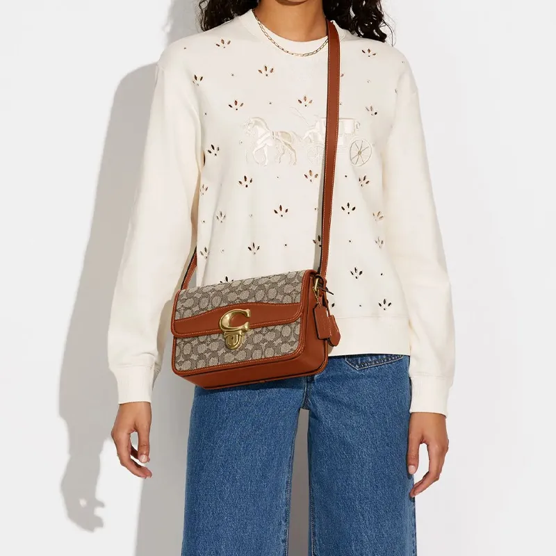 COACH Studio Cow Leather Patchwork With Fabric Messenger Bag Crossbody Bag Shoulder Bag Women's Gray & Brown-4