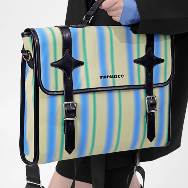 MORE U SEE Nylon Fabric Satchel Bag Crossbody Bag Backpack Regular Unisex Blue Green Stripes-3