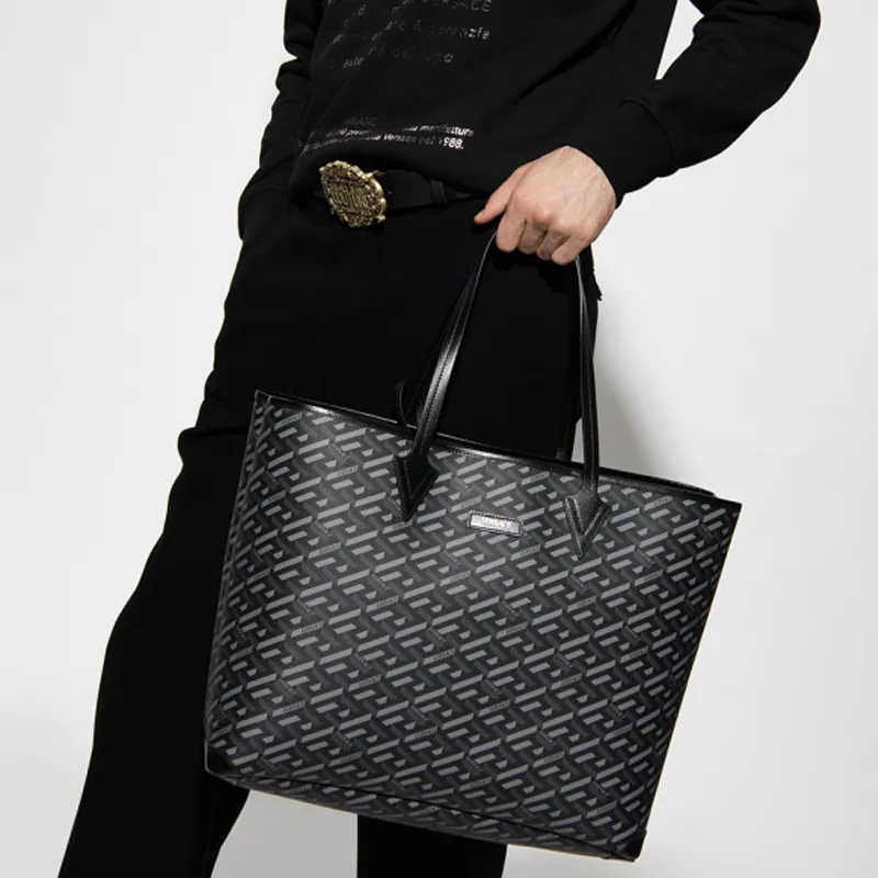 VERSACE Canvas With Calfskin Tote Bag, Shopping Bag, Shoulder Bag, Handbag Regular Unisex Black-3