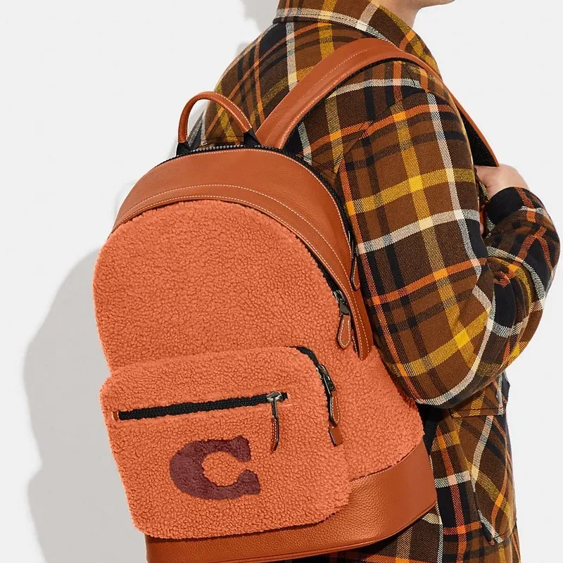 COACH West Shearling Textile, Cow Leather Backpack Tubas Women's Ginger Yellow-3