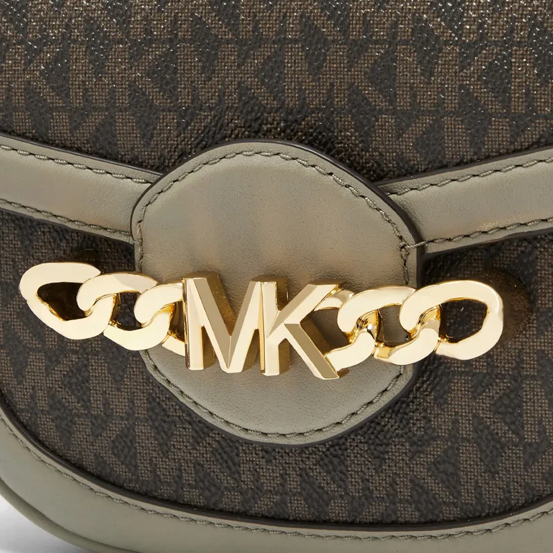 MICHAEL KORS Hally Leather Saddle Bag, Shoulder Bag, Crossbody Bag Extra Small Women's Dark Brown/Light Army Green-4