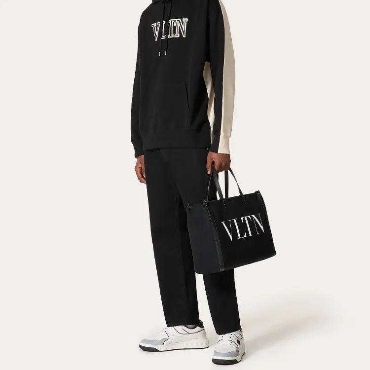 Valentino VLTN Cow Leather Tote Shopping Bags Medium Size Men's Black/White-4