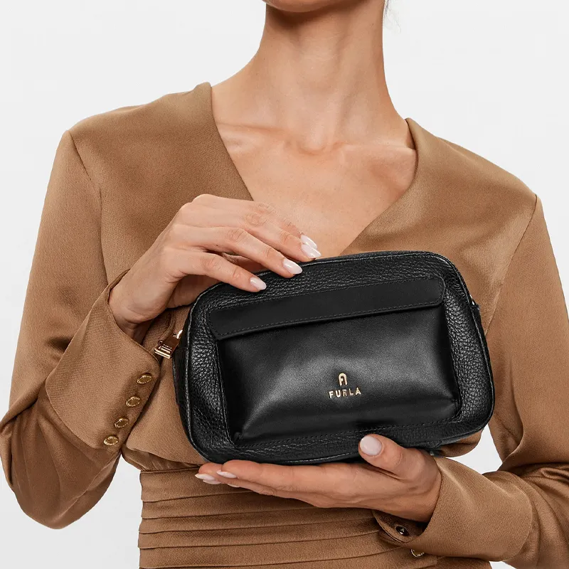 Furla Favola Leather Camera Bag Handbag Shoulder Bag Crossbody Bag Medium Size Women's Black-4