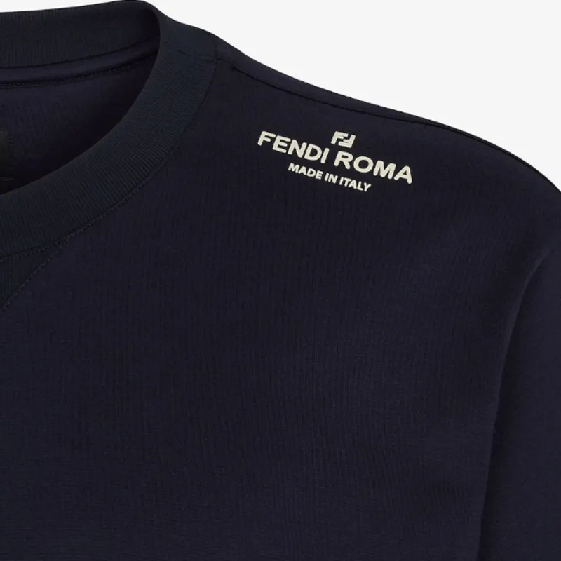 FENDI Logo Print Crew Neck Pullover Short Sleeved T Shirt Men's Navy Blue-3