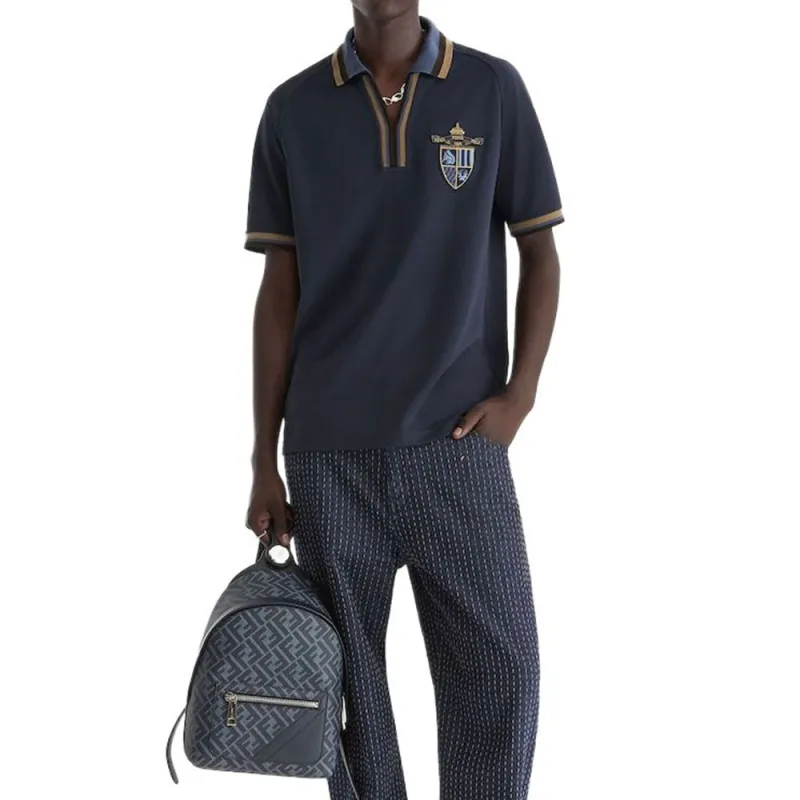 FENDI Crest Embroidered Short Sleeve Polo Shirt-3