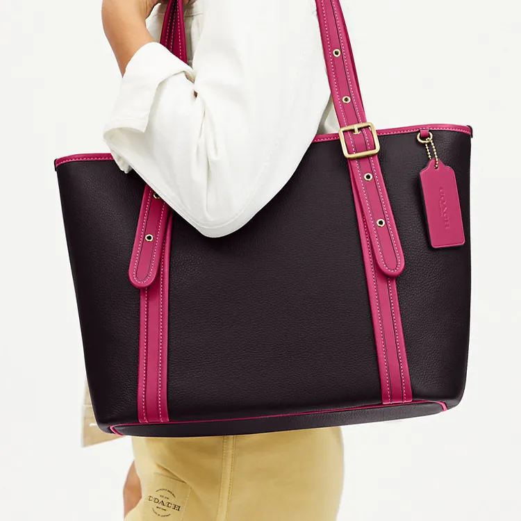 COACH Ashton Leather Tote Bag Shopping Bag Shoulder Bag Handbag Large Size Women's Leather/Gold/Dark Purple Red-3