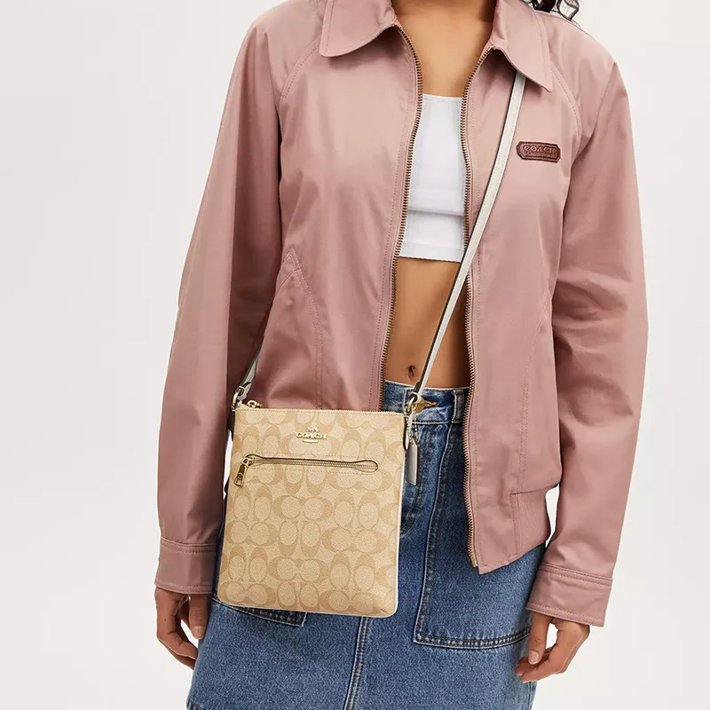 COACH Rowan Coated Canvas With Recycled Leather Shoulder Bag Crossbody Bag Mini Women's Gold & Light Khaki Chalk-3