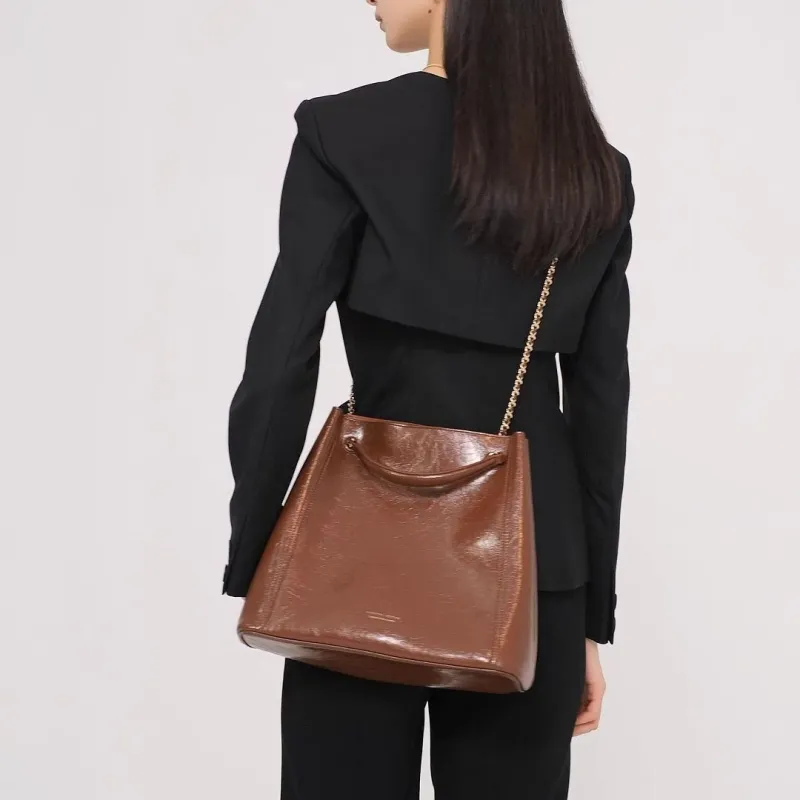 VANESSA HOGAN Cow Leather Patchwork With Artificial Leather Handbag Shoulder Bag Large Size Women's Brown-3