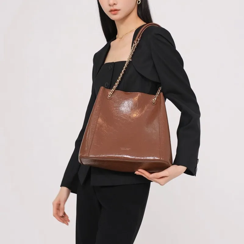 VANESSA HOGAN Cow Leather Patchwork With Artificial Leather Handbag Shoulder Bag Large Size Women's Brown-4