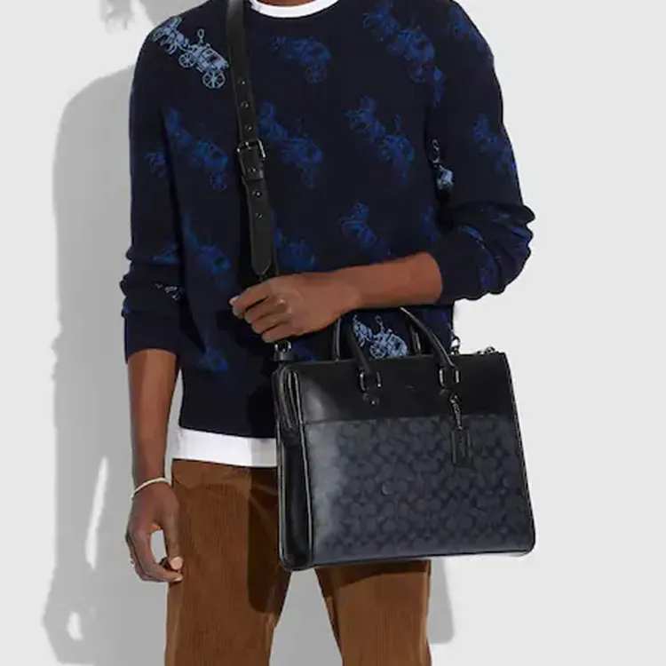 COACH Canvas With Leather Briefcase Shoulder Bag Crossbody Bag Handbag Large Size Men's Charcoal Black-3
