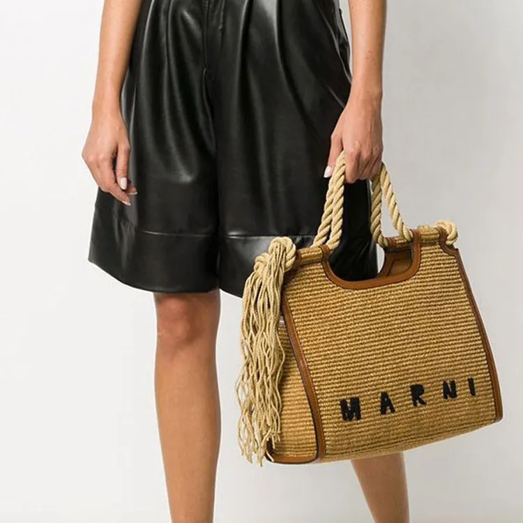 MARNI Leather Patchwork Fiber Handbag Small Size Women's Yellow-6