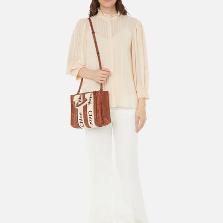 Chloe Woody Suede And Shiny Calfskin Tote Bag Shopping Bag Handbag Small Size Women's Brown-5