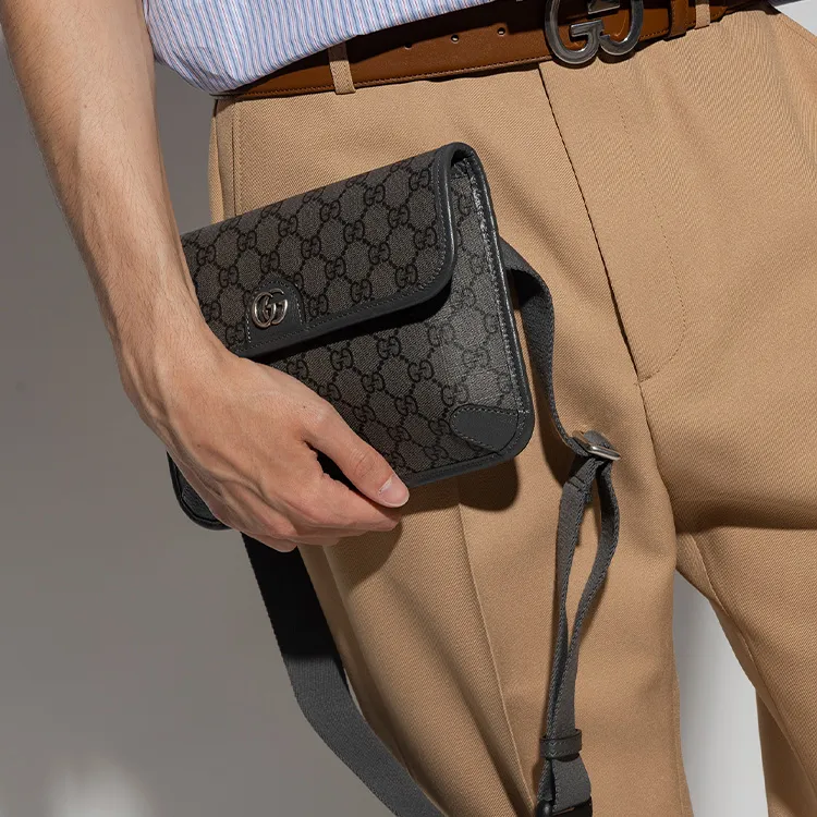 GUCCI Canvas With Leather Sling Bags One Shoulder Crossbody Fanny Pack Small Size Women's Gray/Black-6