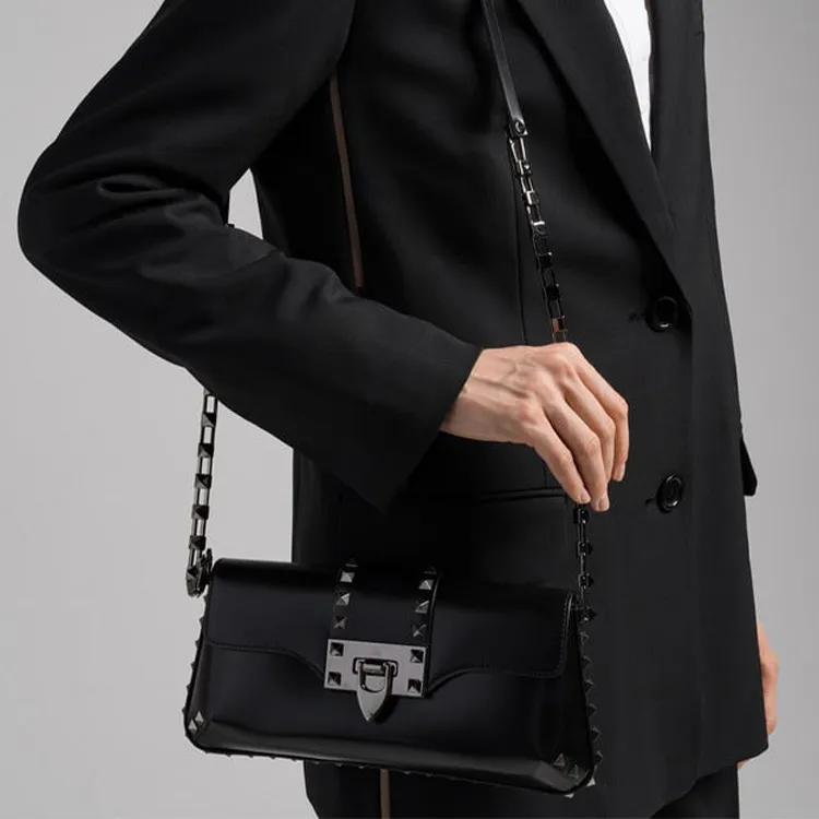 Valentino Rockstud Leather Shoulder Bag, Handbag Women's Black-8