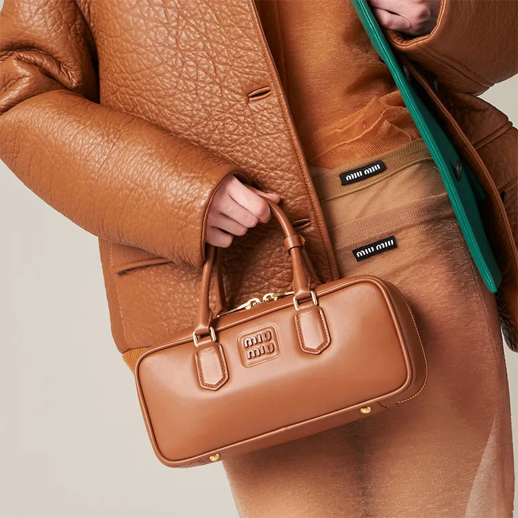 MIU MIU Arcadie Series Leather Bowling Bag, Shoulder Bag, Crossbody Bag, Handbag Women's Cognac-5