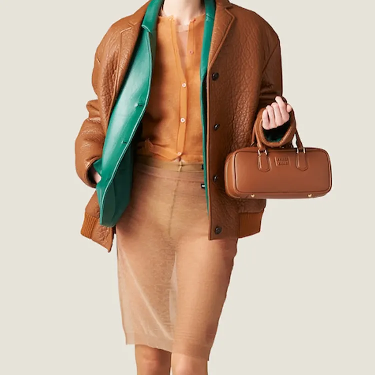 MIU MIU Arcadie Series Leather Bowling Bag, Shoulder Bag, Crossbody Bag, Handbag Women's Cognac-7