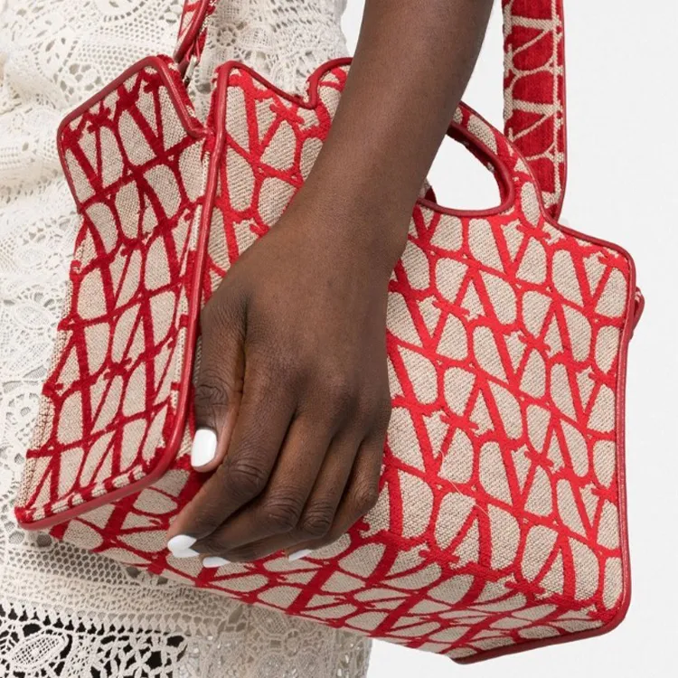 Valentino Vlogo Cotton Tote Handbags Shoulder Bags Women's Beige/Red-7