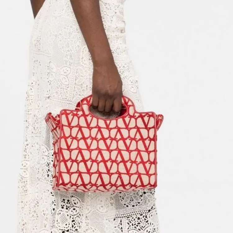 Valentino Vlogo Cotton Tote Handbags Shoulder Bags Women's Beige/Red-8
