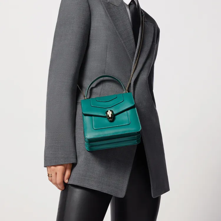 BVLGARI Calfskin Trunk Bag Snake Head Bag Crossbody Bag Shoulder Bag Small Size Women's Emerald-5