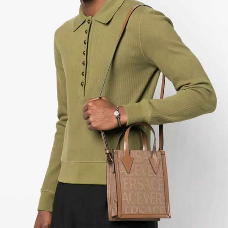 VERSACE Allover Cow Leather Tote Bag Shopping Bag Handbag Shoulder Bag Crossbody Bag Small Size Men's Brown-4