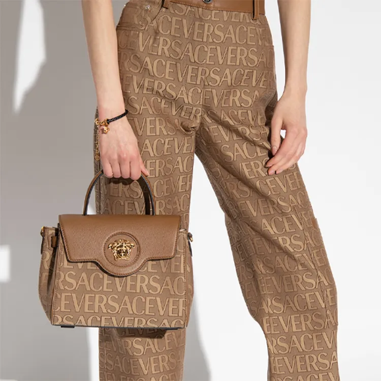 VERSACE Cow Leather Shoulder Bag Crossbody Bag Handbag Small Size Women's Brown-4