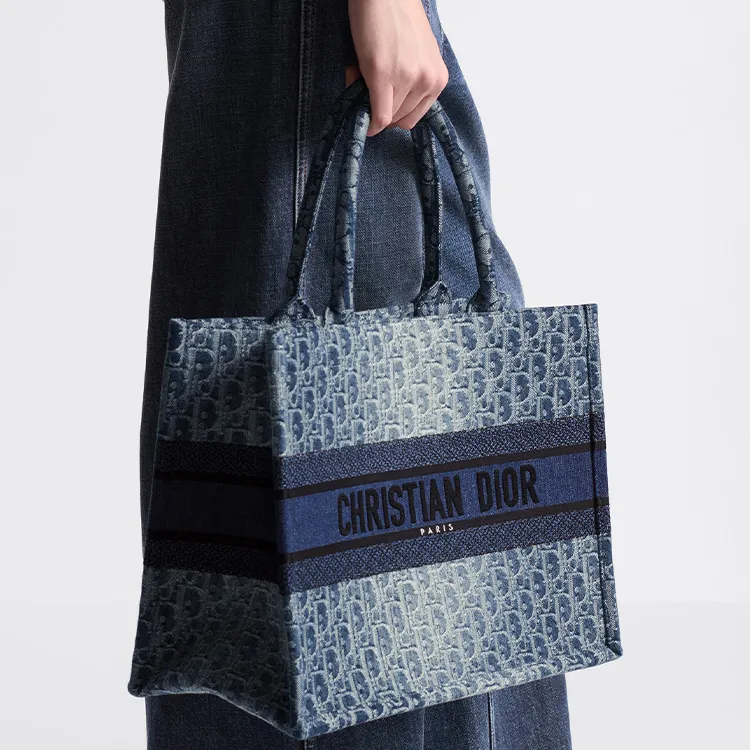 DIOR Embroidery Tote Bag, Shopping Bag, Handbag Medium Size Women's Gradient Blue-6