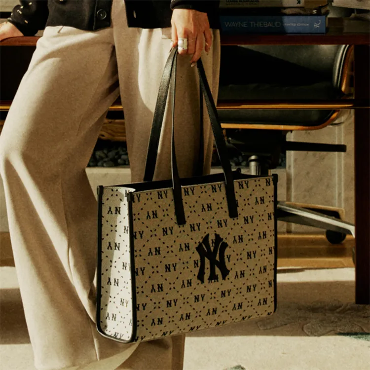 MLB Monogram Collection Cotton Tote Bag Shopping Bag Handbag Shoulder Bag Women's Black-4