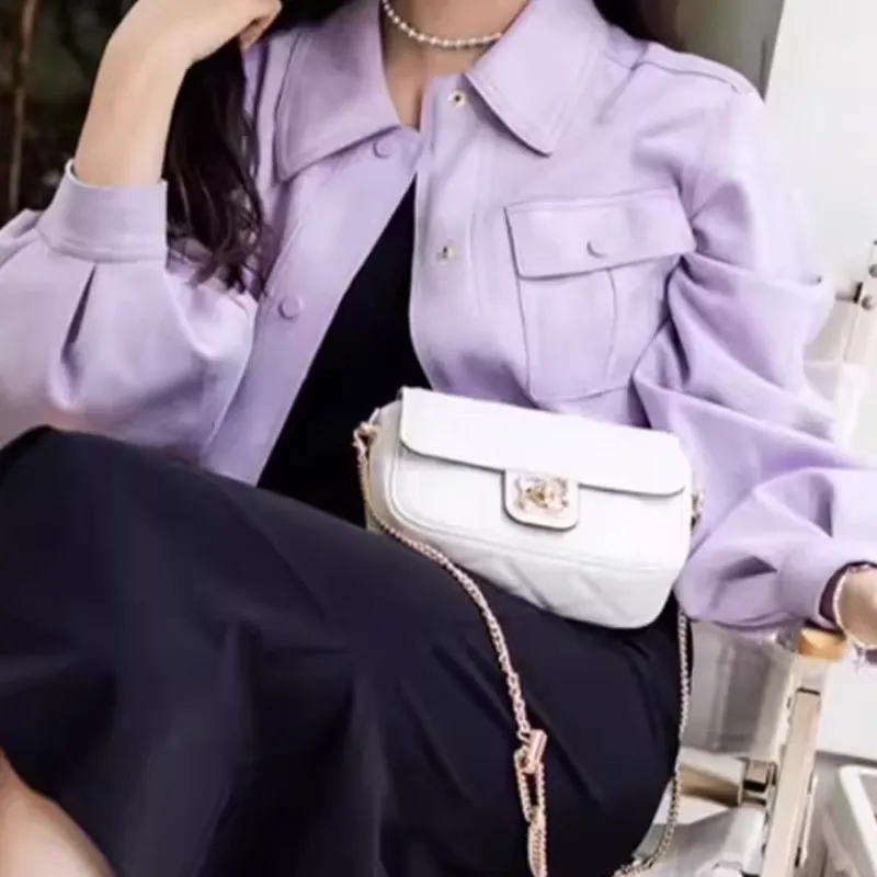 Why Cow Leather Shoulder Bag, Crossbody Bag Small Size Women's Hyacinth Purple/White/Black-14