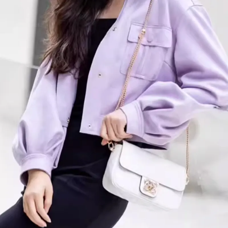 Why Cow Leather Shoulder Bag, Crossbody Bag Small Size Women's Hyacinth Purple/White/Black-17
